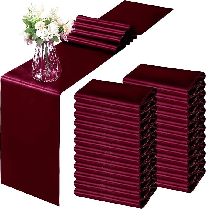 Horbaunal 24 Pack Burgundy Satin Table Runner 12 x 108 Inch, Smooth Table Runners for Wedding Banquets Birthday Party