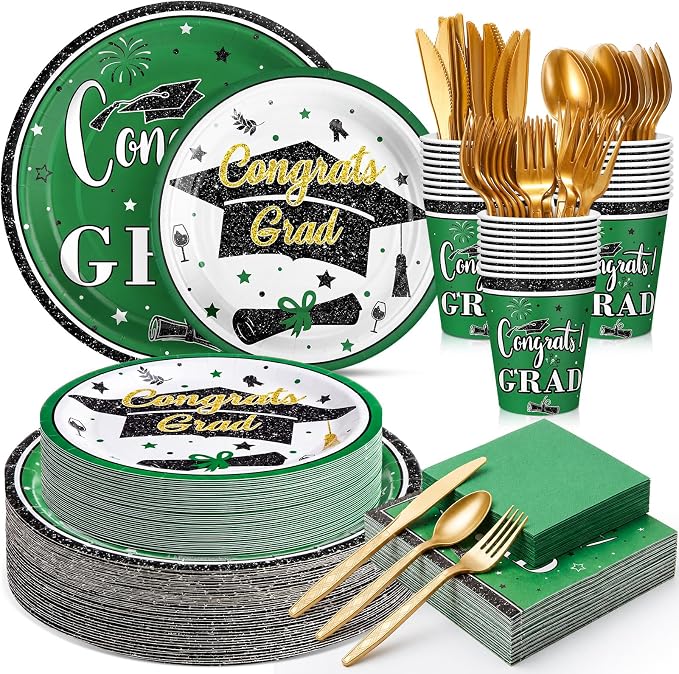 Domensi 400 Pcs 2026 Graduation Decorations Plates and Napkins and Cups Set Serve 50, Green and White Graduation Party Supplies, Class of 2026 Paper Tableware 9oz Cup Knife Fork Spoon Congrats Grad