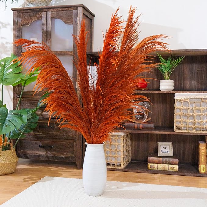 Burnt Orange Pampas Grass Decor Tall,Long Natural Pampas Grass for Floor Vase , Dried Pompas Floral, Elegant Feather Flowers,Wedding Living Room Decorations(Natural Orange, 6pcs 43.3"(110cm))