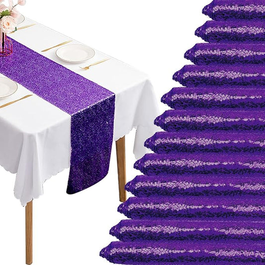 12 Packs 12 X 72 Inch Purple Sequin Table Runner Glitter Dining Table Runner for Birthday Wedding Engagement Bridal Baby Shower Bachelorette Holiday Celebration Party Supplies Decorations (Purple)
