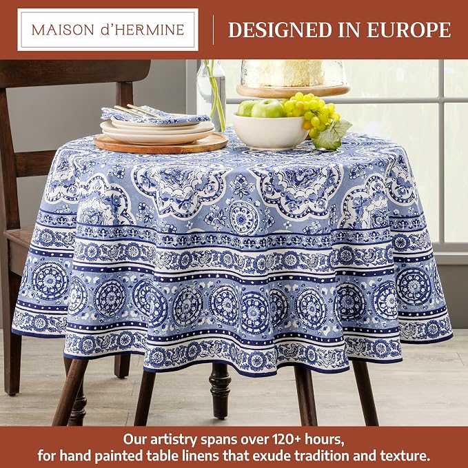 Maison d' Hermine Table Cloth Round Table 100% Cotton 63 Round Inches Tablecloth Reusable Decorative for Dining Kitchen Room Farmhouse Party Home Hotel Restaurant Spring Summer - Melodie Bleue