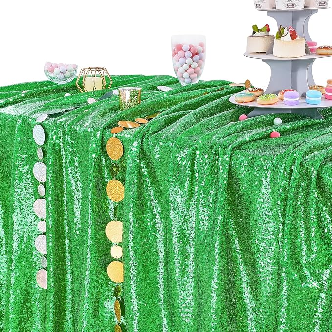 QueenDream Sparkly Sequin Tablecloth - Green Table Cloth 50x80 Inches Rectangle Table Overlay Fabric for Birthday Parties Baby Shower Decoration