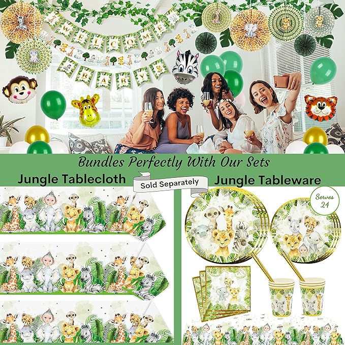 320-Piece Jungle Safari Baby Shower Decorations Kit for Boy or Girl | Gender Neutral Animal Theme Decor with Balloons, Banners, Garland, Fans, Sash, Cake Topper, Games, Stickers, Cutouts, Ivy Vines