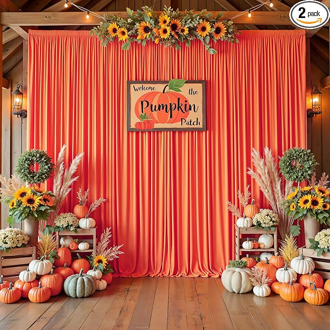 10ftx10ft Wrinkle Free Orange Backdrop Curtains for Parties, Silky Polyester Photo Backdrop Drapes 2 Panels 5x10ft Back Drop Cloth for Wedding Birthday Baby Shower Photography Background