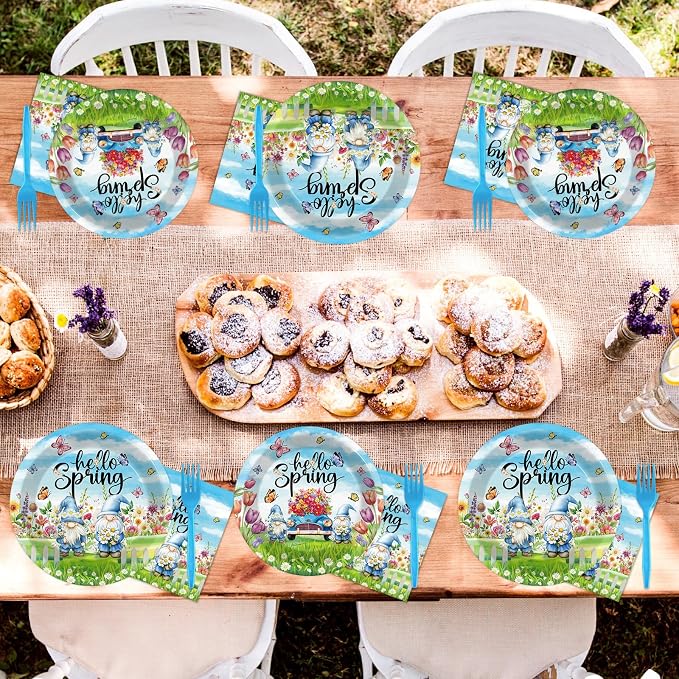 96Pcs Spring Party Supplies Hello Spring Paper Plates and Napkins Gnome Flower Butterfly Truck Tableware Disposable Dessert Dinnerware for Baby Shower Party for 24 Guests