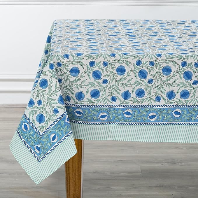 Ridhi Queen Blue Hand Block Print Cotton Rectangle Tablecloth 140" x 72" inches Reusable Table Cover Decorative Everyday Use for Dining Room, Farmhouse, Home Gift for Spring, Mother's Day
