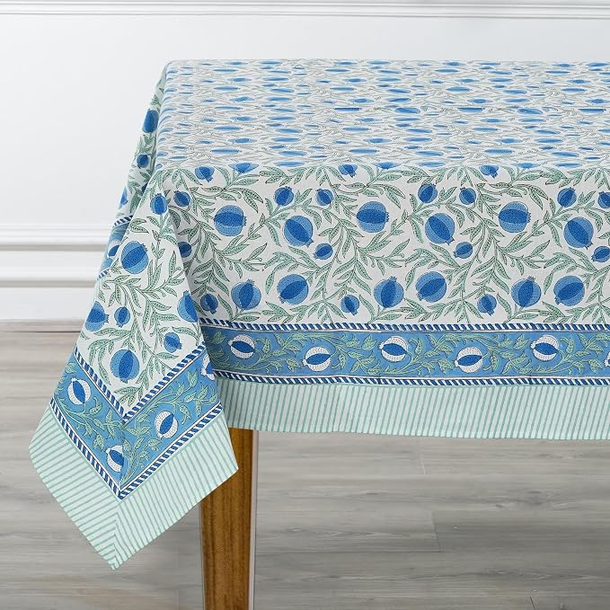 Ridhi Queen Blue Hand Block Print Cotton Rectangle Tablecloth 120" x 60" inches Reusable Table Cover Decorative Everyday Use for Dining Room, Farmhouse, Home Gift for Spring, Mother's Day