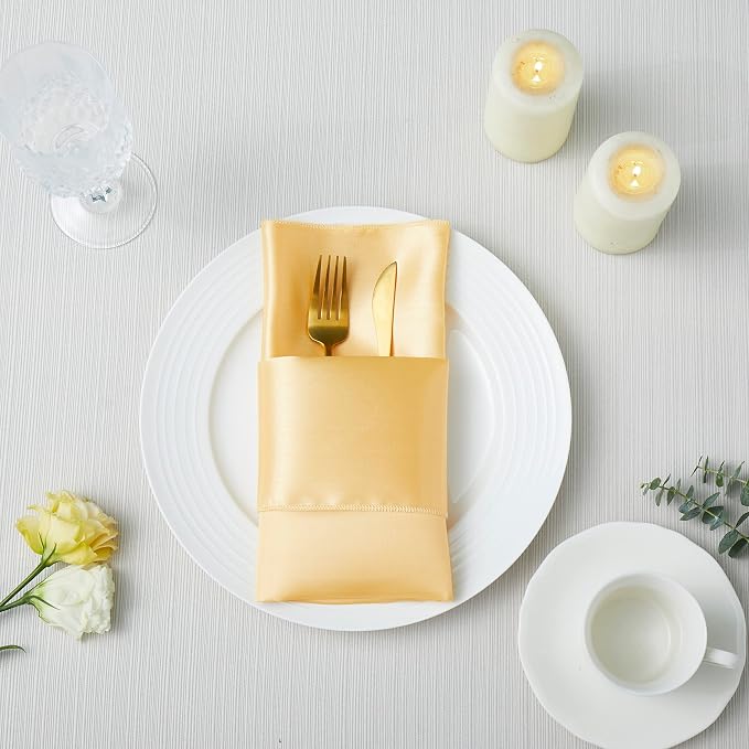 50 Pack Square Satin Dinner Napkins, 20x20 Inches Silky Soft Smooth Table Cloth Napkins for Restaurant Weddings Banquet Party Decoration, Gold