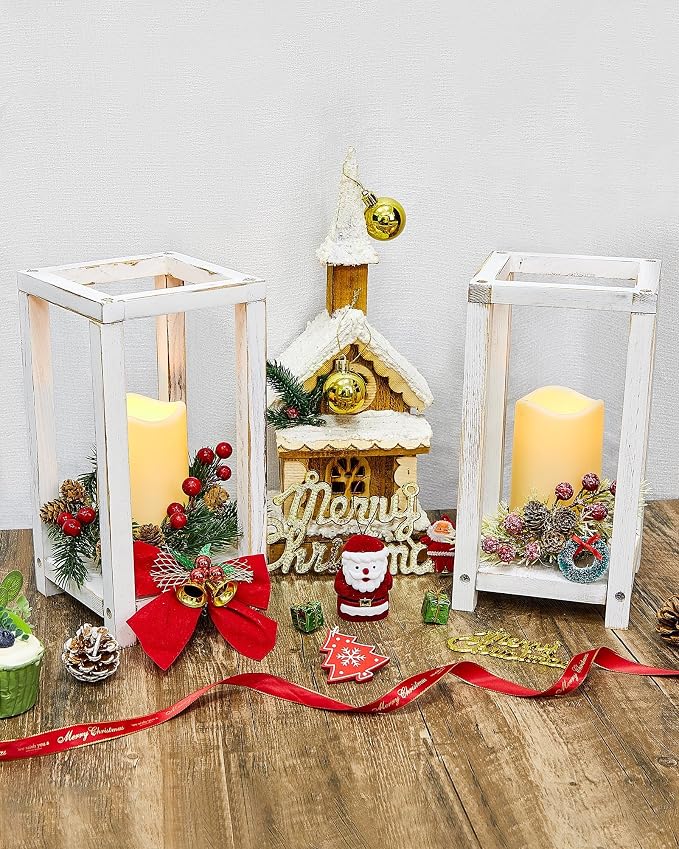 Huquary 24 Pcs/12 Set Wooden Wedding Lantern Centerpiece Rustic Lantern Candle Holders with Flameless LED Candles for Home Christmas Wedding Party Table Decoration(White)