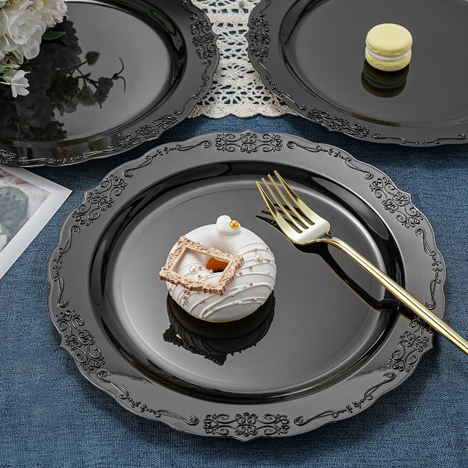 100 Pieces Black Plastic Plates - 10.25inch Dinner Disposable Plates - Premium Heavy Duty Hard Disposable Dinner Plates - Party Supplies for Birthdays, Celebrations, Wedding
