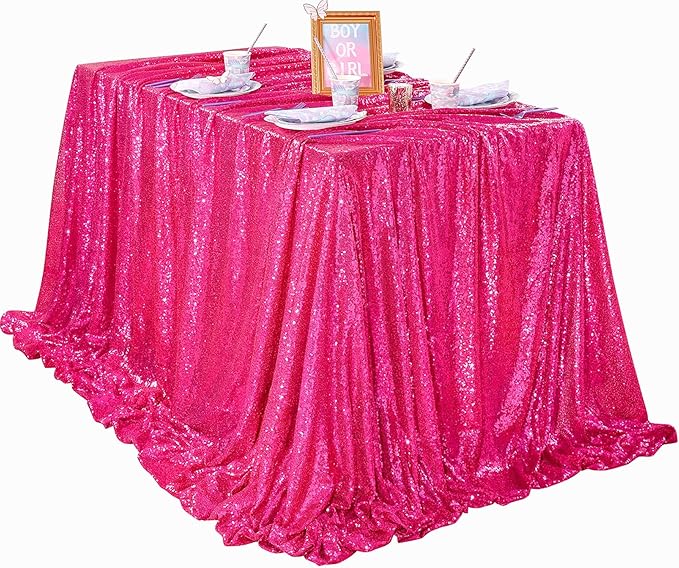 QueenDream Hot Pink Tablecloth 60 x 102 Inch Sequin Tablecloth Fuchsia Sparkly Tableclothfor Bridal Baby Shower Wedding Christmas Decorations