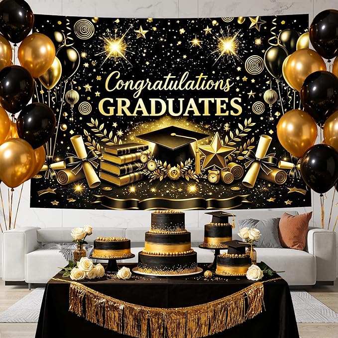 Class of 2026 Graduation Backdrop - 7x5ft Congraduations Graduate 2026 Photo Booth Background for Prom Party with Black and Gold Congrats Grad Banner Supplies Decor (Black)