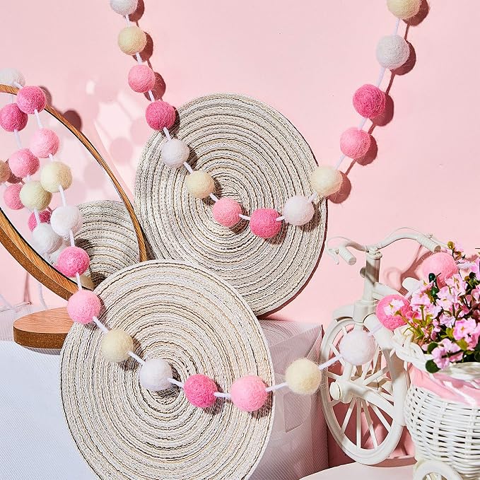 WILLBOND 3 Pieces Wool Felt Rainbow Ball Garland Colorful Pom Pom 6.5 ft Long 24 Ball Garland for Easter Mardi Gras Classroom Halloween Thanksgiving Xmas (Pink,Light Pink,Beige,White)