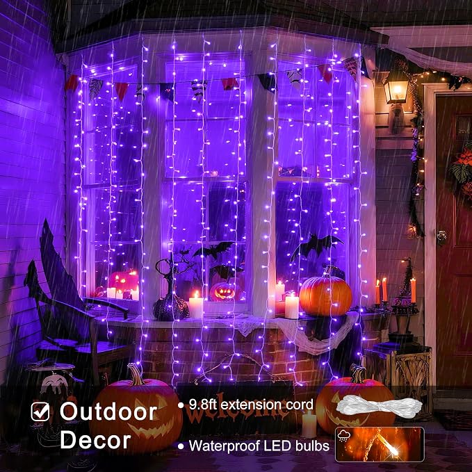 JMEXSUSS 300LED Purple Halloween Lights with Remote, 9.8x9.8ft Curtain Lights Plug in, 8 Modes Hanging String Lights for Indoor, Outdoor, Bedroom, Window, Party, Backdrop, Xmas, Halloween Decorations