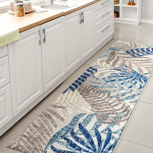 JONATHAN Y Tropics Palm Leaves Indoor Outdoor Runner Rug 2X8 Gray/Blue, Boho for Backyard, Patio, Porch, Easy-Cleaning, High Traffic, Pet-Friendly, Non-Shedding (AMC100A-28)
