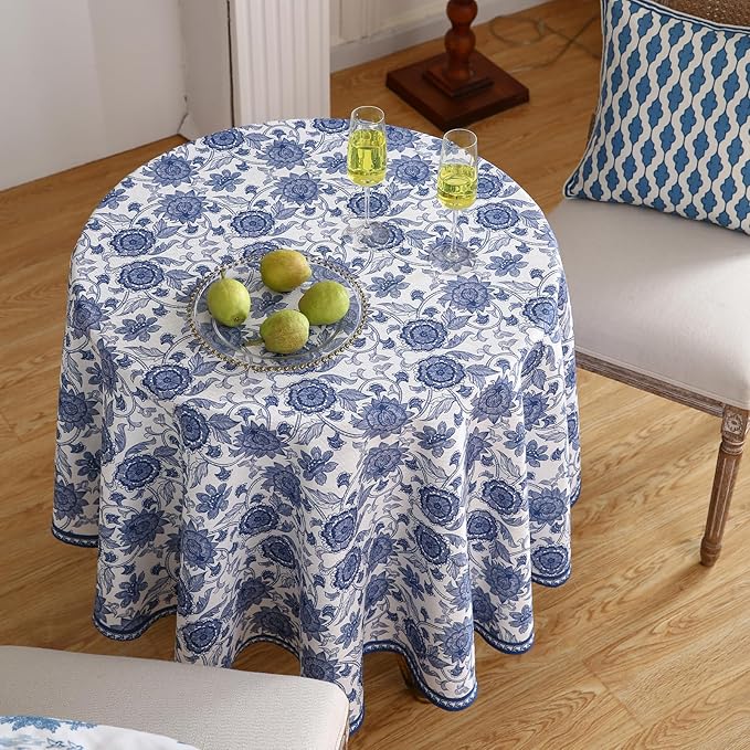 patdrea Elegant French Linen Tablecloth,Round,Diameter 55"-Lantang A | Vintage Elegant Table Cloth for Round Table,Blue and White Floral Print,for Dining Room Tea Party Thanksgiving