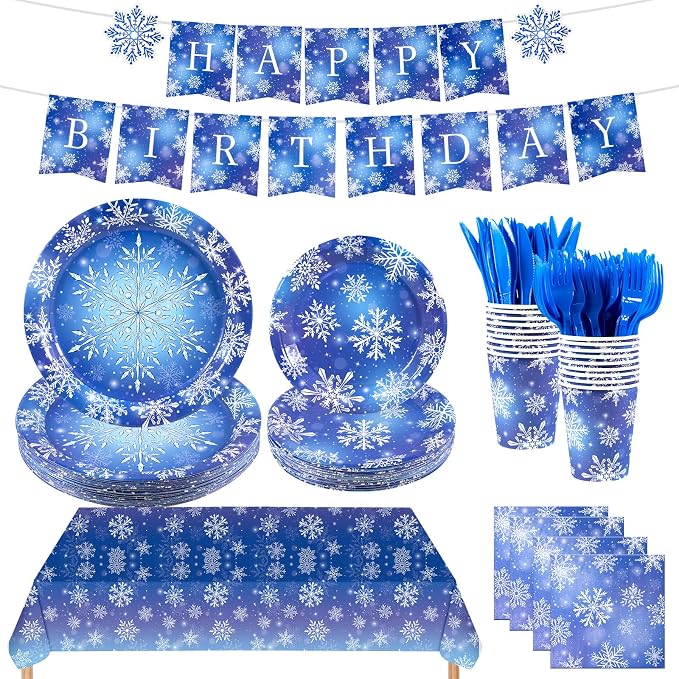 182 Pieces Frozen Birthday Party Supplies Serve 30,Blue and Purple Snowflake Winter Wonderland Disposable Tableware for Christmas Winter Holiday Decorations