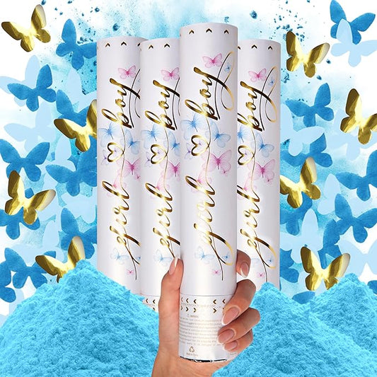PrimePure Gender Reveal Confetti Cannon - Butterfly Confetti Popper & Biodegradable Powder Cannon - Blue, 4 Pack - Baby Boy Gender Reveal Smoke Bombs Baby Powder Blue Paper Party Poppers