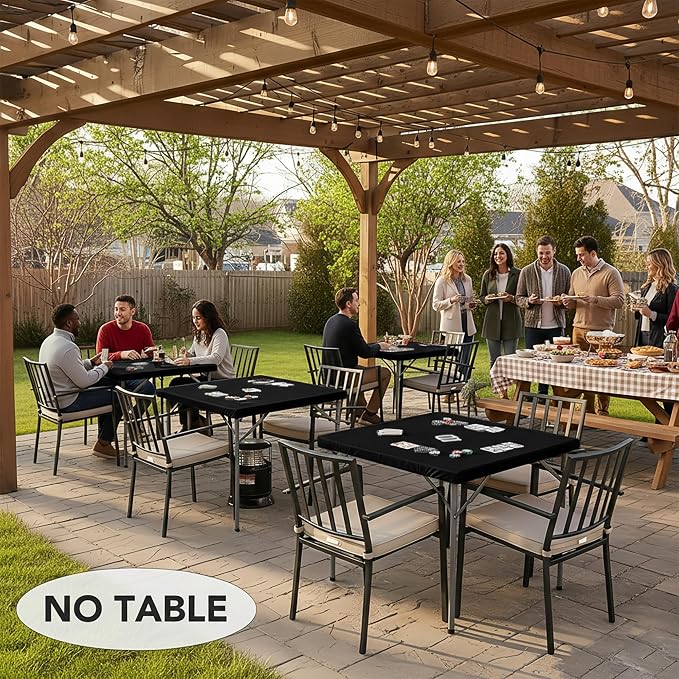 LUSHVIDA 4 Packs Vinyl Card Tablecloth with Flannel Backing 34x34 inch - Waterproof Plastic Picnic Table Cover for Square Folding Table Cloth with Elastic Corners, Black