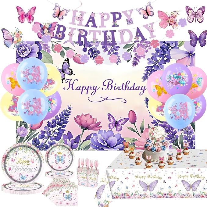 Butterfly Themed Happy Birthday Party Decorations, Plates Napkins Cups Tableware, Colorful Butterflies Backdrop Tablecloth, Happy Birthday Banner Cake Topper Colorful Printed Balloons for Kids Adults