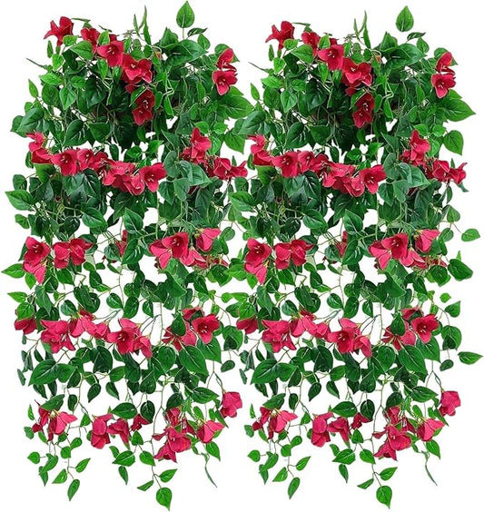 Magrowie Pack of 4pcs Artificial Hanging Bougainvillea Silk Plastic Flower Vines Faux Plant for Indoor Outdoor Home Farmhouse Garden Porch Eave Wall Fence Wedding Party Decor (Fuchsia)