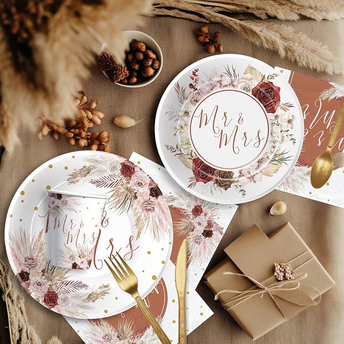 Mr And Mrs Bridal Shower Decorations Tableware, Mr Mrs Boho Wedding Party Supplies, Paper Plate, Cup, Napkin, Cutlery, Pampas Grass Theme Bridal Shower Table Decorations, Serves 24