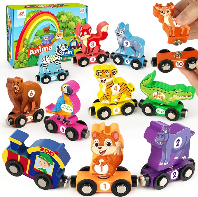 Vanmor Wooden Train Set for Toddlers, Magnetic Animal Number Train Toys for Ages3-5, Toddler Learning Toys, Fine Motor Skills Educational Toys, Preschool Activities, Toddler Boy Girl Gifts