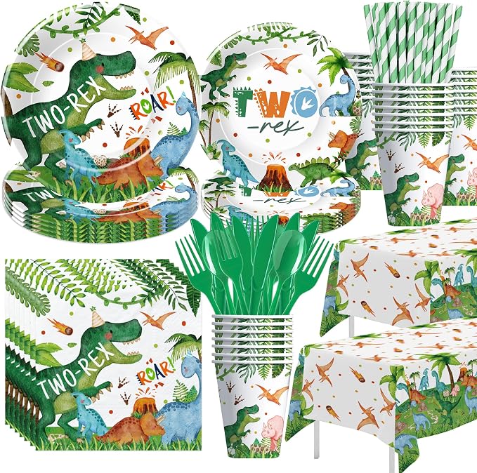 Dinosaur 2nd Birthday Party Supplies For Boy - Dinosaur Theme Dino Two Rex Birthday Decorations Tableware, Disposable Paper Plate, Cup, Napkin, Tablecloth, Cutlery | 24 Guest
