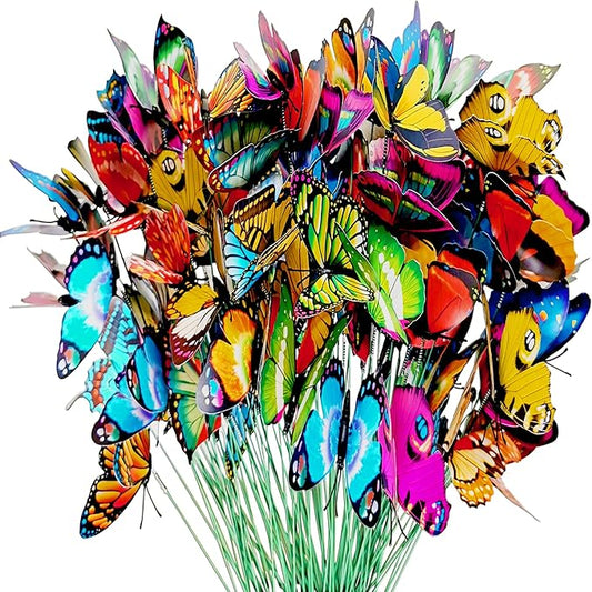 Butterfly Stakes Outdoor Yard Planter Flower Pot Bed Garden Decor Butterflies Christmas Decorations, Artificial Butterflies on Metal Wire Plant Stake Stems-Multicolor (2.8 Inch 100pcs)