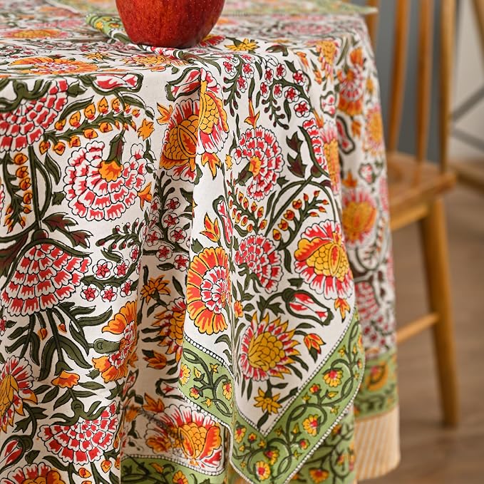 Hand Block Printed Tablecloth – Colorful Floral Print | 100% Cotton | Indian Artisan Handmade Art | Dining Room, Kitchen, Outdoor Décor, (Yellow Sunflower, 8 Seater 90 Inches Round)