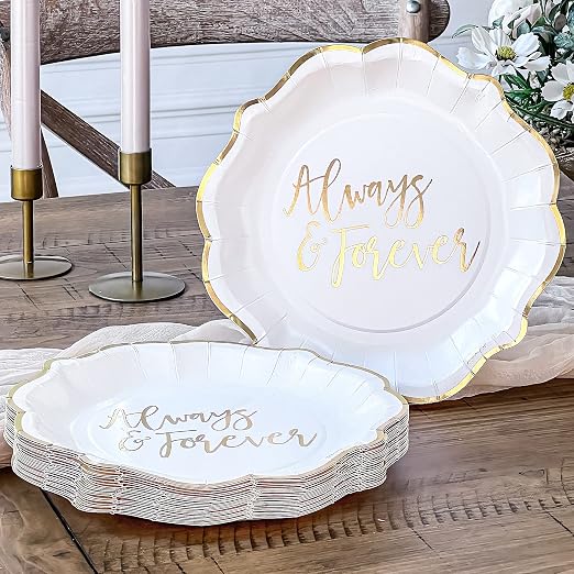 Kate Aspen Always & Forever Wedding Paper Plates and Napkins Set - 72 Piece Wedding Plates Disposable Party Tableware for 24 Guests - Bridal Shower Decorations, Engagement Party Decor