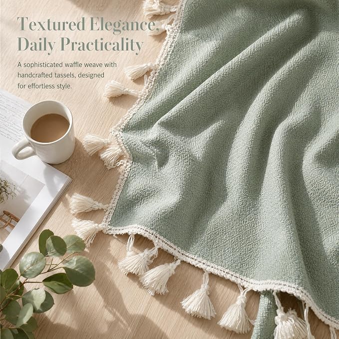 Sage Green Tablecloth for Rectangle Tables - 55x86 Inch Linen Textured Farmhouse Waffle Weave Table Cloth with Tassel Fringe, Stain Resistant Wrinkle Free Cover for Dining Kitchen Party