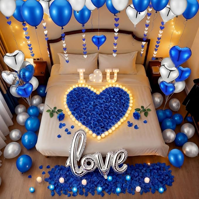 Realspring Blue and Silver Balloons Hotel Room Decor for Special Night Happy Romantic Anniversary Decorations Artificial Rose Petals with Heart Lights Kit for Proposal Engagement Birthday