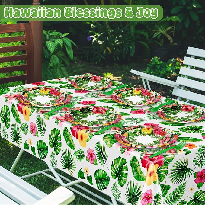 QZYL 122Pcs Luau Party Decorations, 30 Sets Paper Luau Plates and Napkins, Disposable 9" and 7" Hawaiian Party Decorations, Rectangle Hibiscus Palm Leaf Tableware for Summer Holiday Hawaiian Supplies