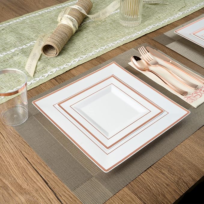 FOCUSLINE 175 Count Rose Gold Dinnerware Set for 25 Guests - Square Plastic Plates with Rose Gold Rim, Includes 25 Disposable Dinner & Dessert Plates, Napkins, Cups, Cutlery Set for Wedding Parties