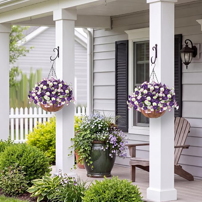 Artificial Flowers for Outdoors with Baskets Hanging Plant Faux Flowers UV Resistant Fake Silk Morning Glory with Eucalyptus for Planter Porch Garden Home Spring Summer Decoration(Gradient Purple)