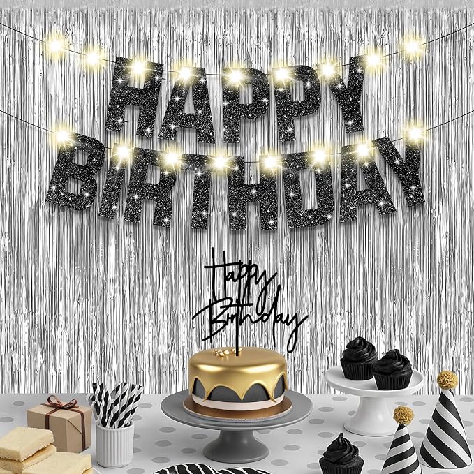KatchOn, Black and Silver Happy Birthday Banner, Pack of 5 | Silver Fringe Backdrop, LED Lights & Cake Topper | Birthday Decorations, Party Decor for Men, Women, Girls & Boys