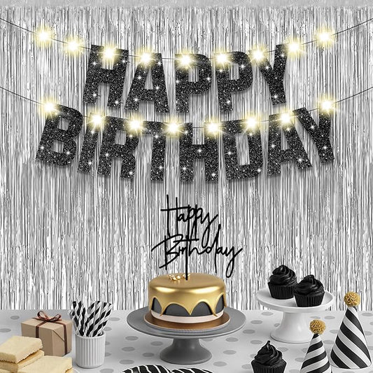 KatchOn, Black and Silver Happy Birthday Banner, Pack of 5 | Silver Fringe Backdrop, LED Lights & Cake Topper | Birthday Decorations, Party Decor for Men, Women, Girls & Boys