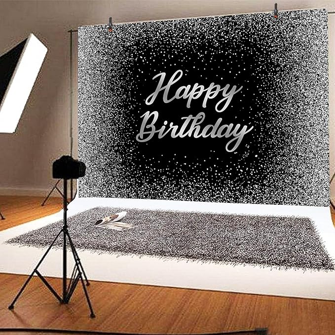 Birthday Photography Backdrop 10 x 8 ft Black and Silver Glitter Spots Happy Birthday Background Sign Cake Table Decorations Banner for Women Men Adults Kids Birthday Party Supplies