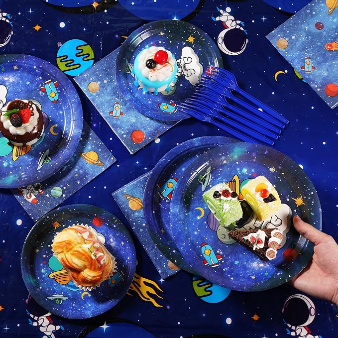 SCIONE 96 Pcs Space Theme Birthday Party Decorations Supplies Galaxy Party Tableware Set for 24 Guests Includes 24 9" Plates, 24 7" Plates, 24 6.5" Napkins, 24 Blue Forks