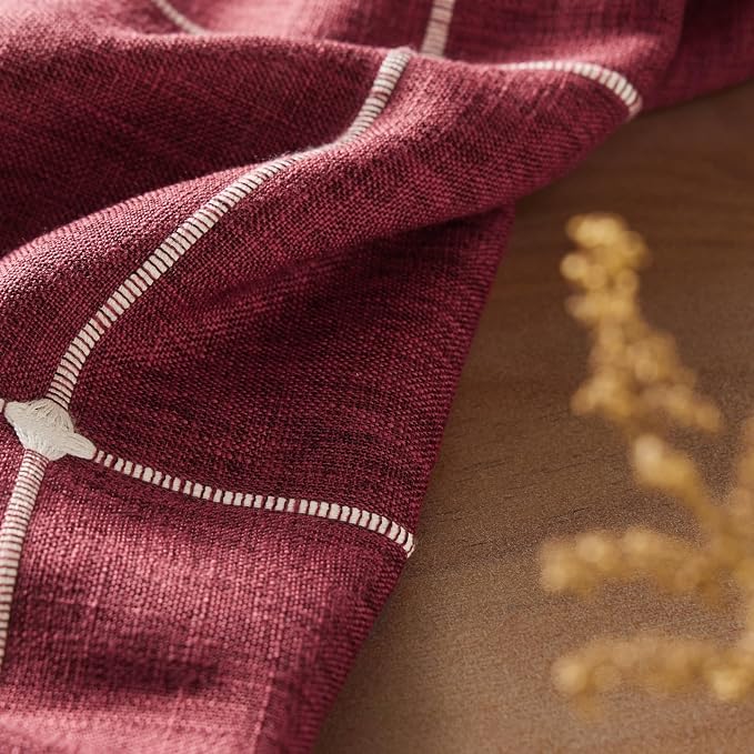 ZeeMart Grid Embroidered Hemmed Tablecloths, Burgundy 52x52 Inch, Farmhouse Style Heavy Weight Cotton Linen Red Tablecloths, Boho Plaid Water Resistant Square Table Cloth