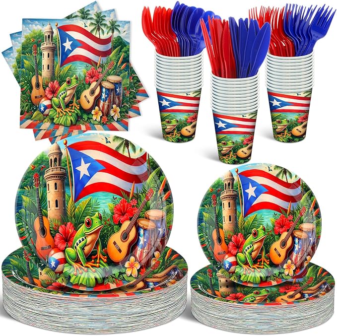 FoldTier 350 Pcs Puerto Rico Party Supplies Disposable Paper Plates Napkins Cups Puerto Rico Theme Birthday Party Decorations Tableware Flag Frog for Holiday Festival Family Friends Serve 50 Guests