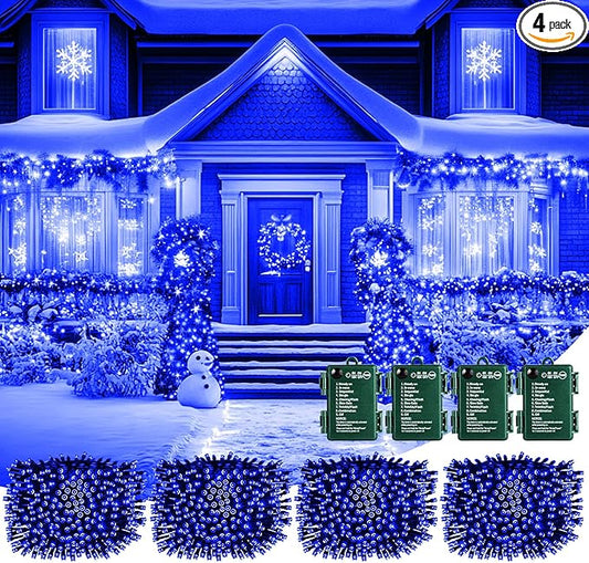Brightown Christmas Lights Outdoor Battery Operated, 4 Pack Total 66FT 200 LED Battery Powered Fairy Lights with Timer,8 Modes,Waterproof Christmas String Lights for Outside Indoor Bedroom, Blue