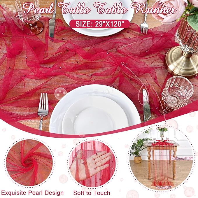 Red Tulle Table Runner Pearl Fabric: Christmas Veil Dessert Chiffon Pearl Lace Boho 6pcs Overlay Wedding Aisle Runner Valentines Day Party Decorations Doilies