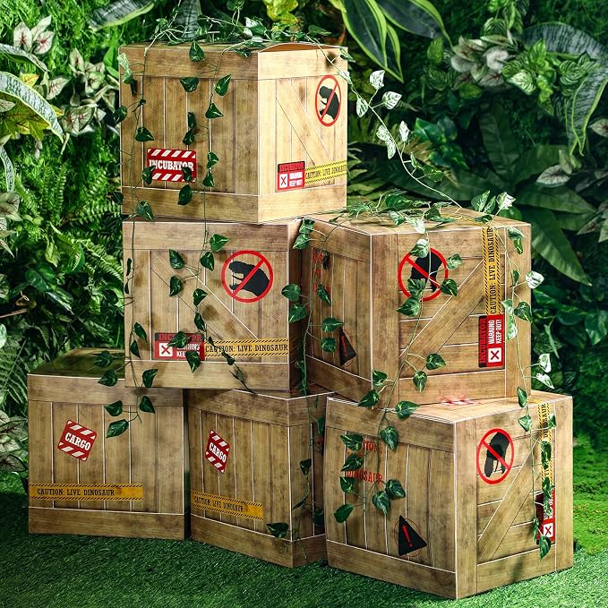 Bucherry 6 Pcs Dinosaur Party Decorations 6dino Theme Boxes 12 x 12 x 12 Inch Dino Birthday Table Centerpieces Decor for Birthday Party Dinosaur Trunk or Treat Car Decorations(Light Brown)