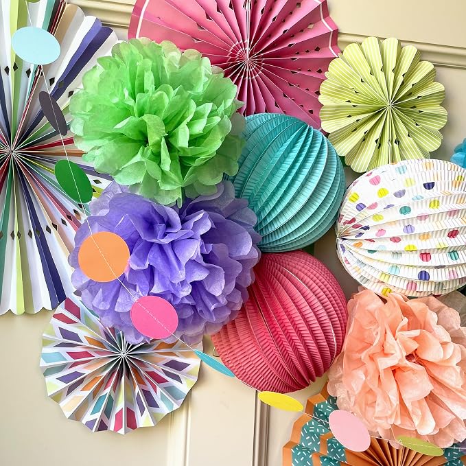 PapaKit Premium Paper Decoration Set - Pom Pom, Honeycomb and Accordion Lantern (Festive Colors) Birthday Party Baby Shower Bride to Be Engagement Wedding Events