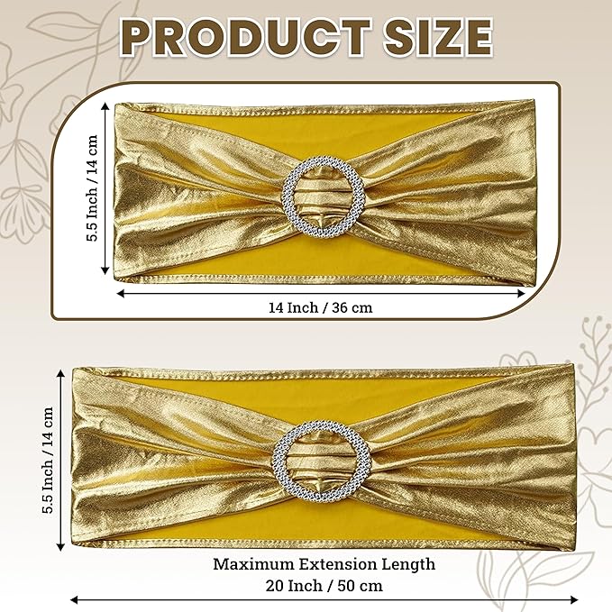 VDS - Gold Glitter | Spandex Chair Sashes Bows | 100 PCS | Stretch Elastic Banquet Universal Folding Chair Band Tie with Silver Buckle Slider for Wedding Party Conference Celebration Event Decoration