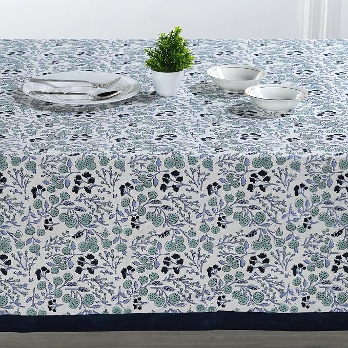 Ridhi Denim Blue Hand Block Print Cotton Rectangle Tablecloth 102" x 48" inches Reusable Table Cover Decorative Everyday Use for Dining Room, Farmhouse, Home Gift for Spring, Mother's Day