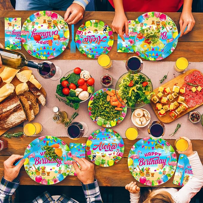 Kepeel 96 Pcs Hawaiian Aloha Party Decorations Supplies, Luau Tropical Birthday Party Plates Summer Beach Holiday Party Paper Plates Napkins Tableware Disposable Dinnerware Set , Serves 24