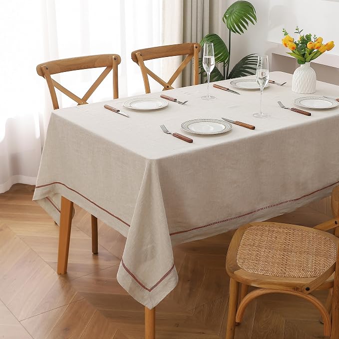 Linen World Hemstitch Linen Tablecloth,100% Natural French Flax,60x120Inch Handcrafted Natural-Macchiato Linen Table Cloth,Tabletop Decoration,Table Cloths for Kitchen,Dining